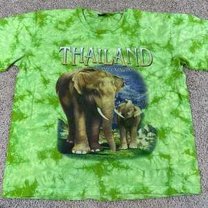 Thailand Elephant Tie Dye Graphic T Shirt Mens XL Green Travel Souvenir Tee EUC